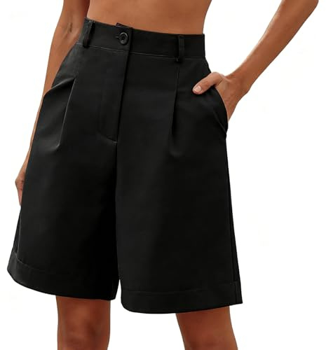 InfiniZer Women's Shorts Ladies Black Cargo Hiking Shorts with Pockets Tailored High Waist Shorts for Women UK Breathable Wide Leg Bermuda Shorts Casual Work (UK, Alpha, S, Regular, Regular, Black)