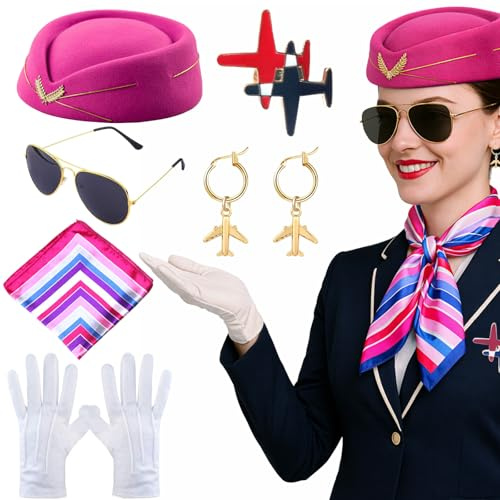 SSKHE 6 Pack Professionelle Flugbegleiterin Kostüm Hostess Thema Karneval Outfit mit Hut, Schal, Sonnenbrille, Handschuhe, Brosche, Ohrring, Halloween, Cosplay, Party