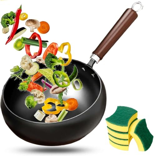 Pannella Wok giapponese in ghisa, pentola sana non rivestita con coperchio, Woks in acciaio al carbonio tradizionale, padelle antiaderenti martellate a mano fatte in Giappone, per Smooth-Surface 26cm
