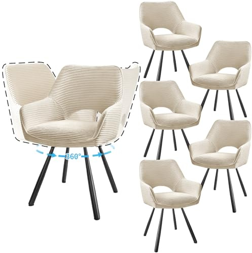 JIJIAN 6er Set 360° Drehbare Esszimmerstühle mit Armlehnen, Beige | Drehbar Stühle Esszimmer mit Metallbeinen, Moderner Küchenstuhl aus Cord, Polsterstuhl für Esszimmer, Küche, Wohnzimmer