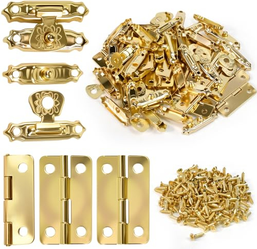 FTISSLY Pestillo Juego de 20 Bisagras Pequeñas Doradas y 20 Cierres Cajas de Madera con 170 Tornillos de 7mm de Cabeza Fuerte No Se Rompen | Mini Herrajes Vintage para Joyeros Manualidades Maquetas | M?bel - Cerrojo pequeño con 20 bisagras y 170 tornillos, caja de vino de madera