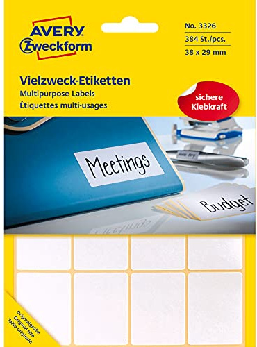 Avery Zweckform 3326 hushållsetiketter självhäftande (38 x 29 mm, 384 klistermärken på 24 ark, multifunktionsetiketter för hushåll, skola och kontor för märkning och registrering) blank, vit