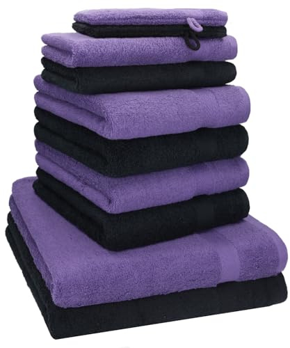 Betz 10-TLG. Handtuch-Set Premium 100% Baumwolle 2 Duschtücher 4 Handtücher 2 Gästetücher 2 Waschhandschuhe Farbe Lila & Schwarz