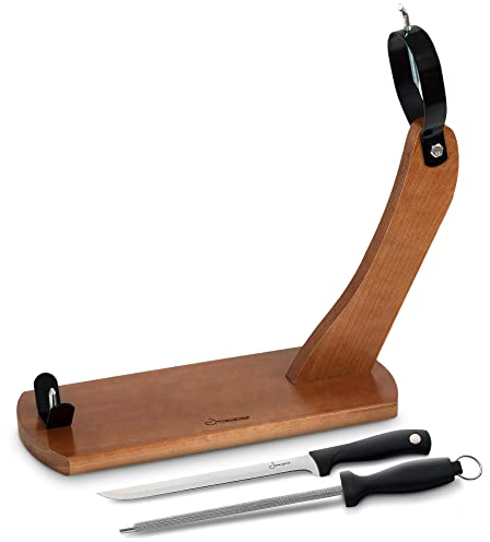 Ham Stand Spain (Spanish Jamonero) + Ham Knife + Sharpening Steel - Ham Holder Ideal for Serrano Ham, Iberico Ham and Italian Prosciutto - Jamonprive