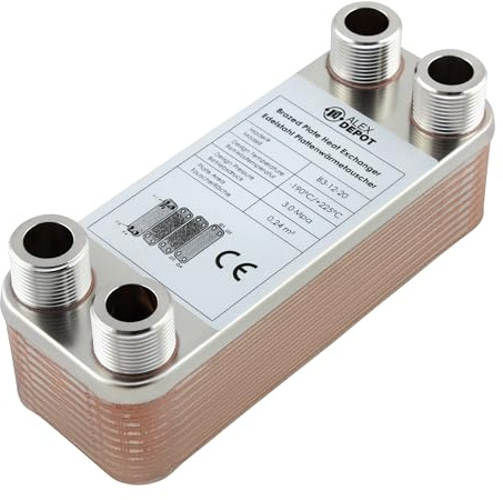 Edelstahl Plattenwärmetauscher B3-12-20 mit 4x 3/4 Zoll Anschluss – max. 45 kW, 4 m³/h Durchfluss für Heizung, Solar, Wärmepumpe