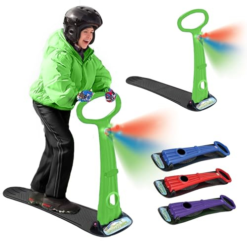 Geospace Original Winter Fun Ski Skooter Sled with Single LED Light: Fold-up Portable Snowboard Kick-Scooter Sled for Use on Snow (Green)