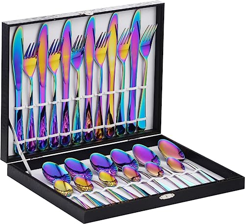 Velaze Cutlery Set for 6 People, Rainbow Cutlery Made of Stainless Steel, 24-Piece Colourful Cutlery Set with Gift Box for Family, Hotels, Restaurants, Mirror Polished & Dishwasher Safe