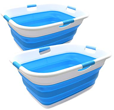 SAMMART 49L(12.9 gallon) Collapsible 4 Handled Laundry Basket-Foldable Storage Container-Portable Washing Bin-Space Saving-Pet Bath Tub,Water capacity 37L(9.7 gallon) (2 pcs - Rectangular, Sky Blue)