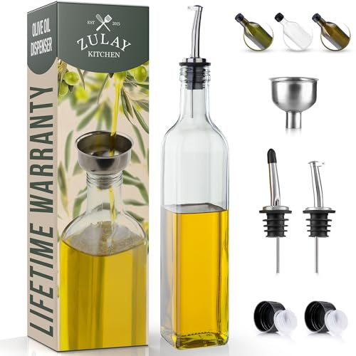 Zulay Kitchen Botella dispensadora de vidrio de aceite de oliva de 17 onzas | Vinagrera de aceite con boquilla, embudo y vertedor, decantador fácil de verter para cocinar y servir (transparente)
