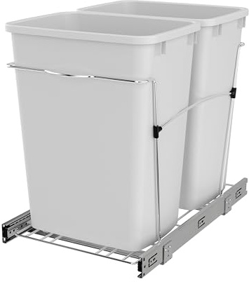 Rev-A-Shelf RV-18KD-11C S Double Pullout Trash Can for Kitchen Cabinets 35 Qt Garbage Recycling Bin on Full-Extension Slides, White