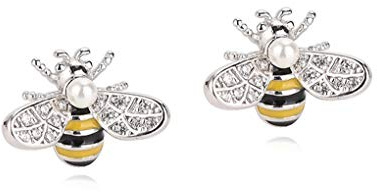 Reffeer Sterling Silver Bumble Bee Stud Earrings for Women, Small Cute Freshwater Pearl Bee Earrings, 13mm x 10mm, S925 Stamped, Push Back, Glossy Finish