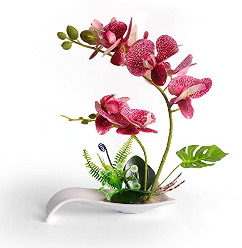 YOBANSA Künstliche Orchidee, 38,1 cm, Seide, Phalaenopsis-Blumenarrangements für Dekoration, künstliche Orchideen, mit Vase für Zuhause, Büro, Hochzeit, Tischdekoration (gepunktet, rot)