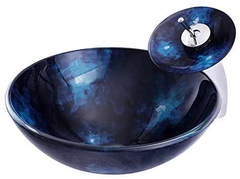 Ksunun Vasque à Poser en Verre Trempé Artistique Lavabo à Poser Salle de Bain Evier à Poser Bleu Mer Rond avec Ensemble de Drainage Robinet Cascade Laiton, pour Salle de Bain Toilette
