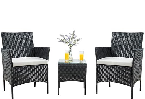 TMEE Rattan Garden Outdoor Furniture Set 3 Pieces Patio Conversation Sets PE Wicker 2 Sofa Chairs with Cushions and Coffee Table for Poolside Backyard Balcony, Black