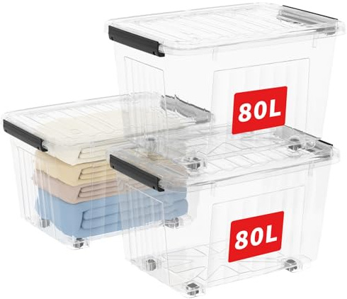 Cetomo 80L*3 Aufbewahrungsboxen, Rillen-verstärkte Kunststoffboxen mit Rollen & Deckeln, Stapelbare Aufbewahrungskiste, Ordnungsboxen für Zuhause und Büro, PP, Transparent, 80L (3er Pack)