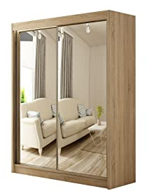 ALTDECOR Kleiderschrank mit Spiegel und Schiebetüren, kugelgelagerte Führungsschienen und Aluminium-Leisten, LED-Beleuchtung (weiß + 16 Farben) und Fernbedienung - AMOHA - 150 cm Sonoma Eiche