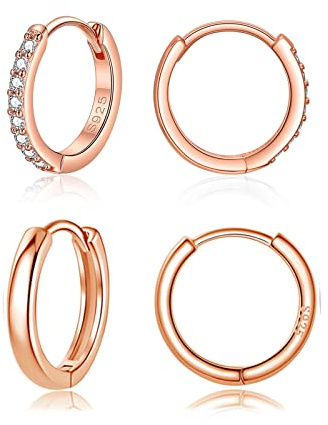 Deyanse Creolen Silber 925, 2 Paare 925 Sterling Silber Hoop Creolen Ohrringe Set, 12mm Silber/Rosegold/Gold Klein Unisex Schlafen Knorpel Rund Huggie Damen Kreolen Ohrringe mit Zirkonia