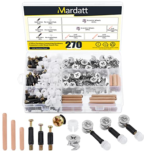 Mardatt 270Pcs 3 in 1 Furniture Connecting Kit with 3 Sizes Wood Dowel Pins, Nickel Plated Cam Lock Nuts Fittings Pre-Inserted Nut Screws Bolts Fasteners Connectors for Furniture Cabinets Drawer