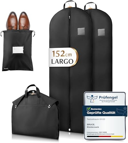Bruce.® Kleidersack - 2x 152x60 cm Lang – Schwarz | Inkl. Schuhbeutel. Atmungsaktive Kleiderhülle, 120 GSM, für Mantel, Kleid & Kostüm – für Aufbewahrung & Reise