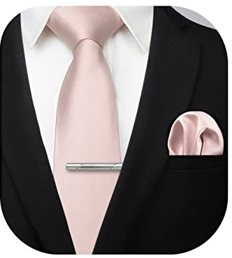 HISDERN Mens Pink Ties for Men Classic Wedding Necktie Blush Pink Ties and Pocket Square Satin Silk Formal Business Dusty Rose Gold Solid Tie Handkerchief Clip Set