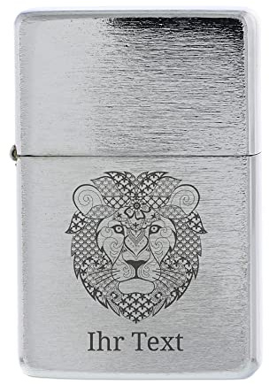 Benzinfeuerzeug Löwe personalisiert, Metall graviert, Silber | Feuerzeug mit Zentangle-Löwe und Wunschtext – nachfüllbarer Benziner im American Style, chrom-gebürstet