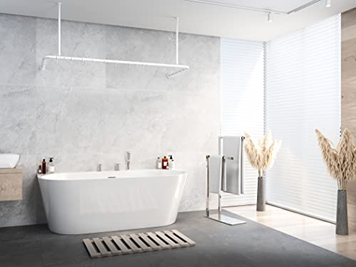 ALU DUSCHVORHANGSTANGE WEISS SCHWARZ SILBER GLÄNZEND 70x165x70 CM BARRIEREFREI PASSEND FÜR BADEWANNE, U-FORM, INKL. DECKENHALTERUNGEN, INKL. RINGE (Weiss)
