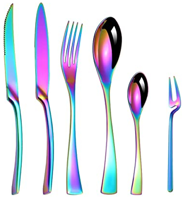 XRMXF Ménagère multicolore pour 4 personnes 24 pièces avec couteau de table, couteau à steak, fourchettes, cuillères, cuillères à café, fourchettes à salade, couverts en acier inoxydable poli miroir