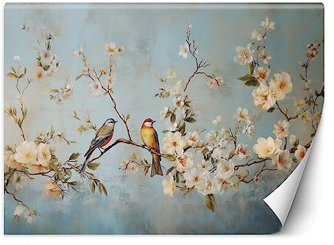 Feeby Carta da parati in vinile Premium Shabby Chic Uccelli 100x70 cm XXL Decorazione Fotomurali Soggiorno Camera da letto Moderne Design Ufficio Corridoio Hotel Spa Design Fiori Natura beige