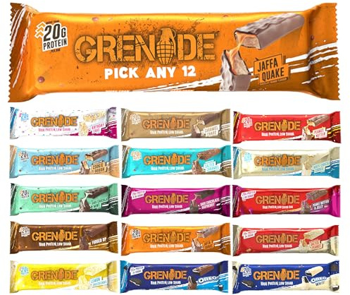 Grenade Protein Bar - Pick any 12 Protein Bars from Birthday Cake, Cookie Dough, Salted Caramel, Fudged up, Peanut Nutter, Salted Peanut, Dark Chocolate Mint & More. High Protein & Fibre and Low Sugar