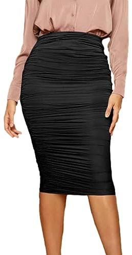 AMABILEMIA Donna Elegante a Vita Alta Gonna Sexy a Tubino Midi Elasticizzata Plissettata al Ginocchio con Pieghe Aderente AM988 (Taglia M, Nero)