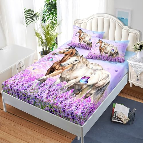 HOSIMA Farm Animal Bedding Set Horse Fitted Sheet,Butterfly Lilac Floral Fitted Sheet for Girls Couple Room Decor Aesthetic Bedding Sets Castle Fairy Fitted Sheets for Queen Size Bed Deep Pockets.