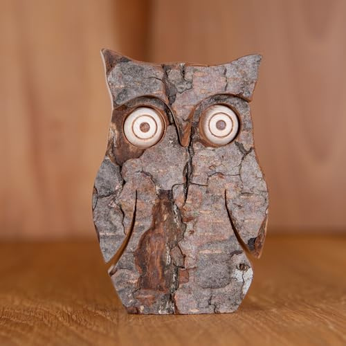 Staboos Holzeule 70mm - Rindeneule Deko Holzfigur, handgefertigt, Geschenk | Massivholz-Holztier mit Naturrinde, jedes Stück ein Unikat – Eule, Vogel & Waldtier für Regal, Sideboard & Tisch