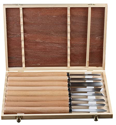 Juego de cinceles para torno de madera de 8 piezas, accesorios de torneado de madera antioxidantes, herramientas de torneado de madera, mangos de madera dura, gubia de acero al manganeso, virolas de