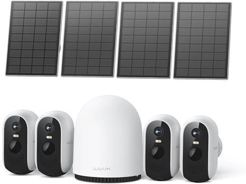WUUK Solar Überwachungskamera Aussen Akku 2K, Kamera Outdoor | Ohne ABO, 32 GB Lokalem Speicher, Nachtsicht, 2.4/5GHz WLAN, Kompatibel Mit Alexa & Google, Basisstation + 4-Kamera-Set