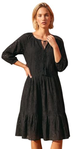 Roman Originals Women Broderie Tiered Smock Dress - Ladies Spring Holiday Summer Casual V-Neckline Short Sleeve Relaxed Lined Comfy Dresses Cotton Frill Black