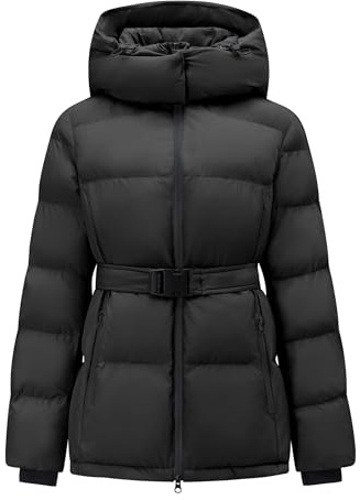 PUREPEAR Women's Winter Warm Puffer Jackets Slim Fit Water-Resistant Detachable Hooded with Belt, Black, Small