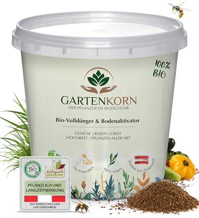Gartenkorn Bio Bodenaktivator & Rasendünger [5kg/ 33-50 m²] Bodenaktivator für Pflanzen & Gemüse, Bodenverbesserer Garten, Organischer Rasendünger Herbst, Streuwagen geeignet (Eimer)
