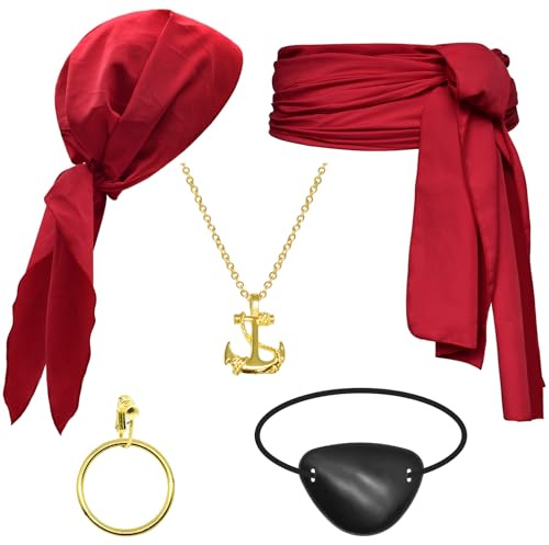 Prebene Piratenkostüm-Zubehör-Set für Damen – Piratenhut, Kopftuch, Schärpe, Gürtel und Kleiderzubehör für Halloween, Rot/Ausflug, einfarbig (Getaway Solids), Standard