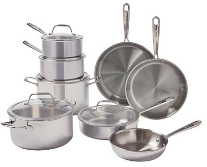 T-fal Pro - Juego de utensilios de cocina de acero inoxidable de tres capas, 13 piezas, apto para horno de inducción de 500 F, tapas de 350 F, calor rápido y uniforme, calidad profesional y