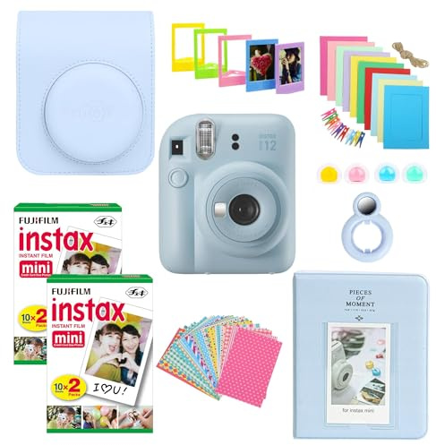 Clikoze Instant Camera Bundle with Fujifilm Mini 12 Pastel Blue Camera, Fujifilm 40 Shot Mini Film, Clikoze Mini 12 Case, Mini Album Book, Film Stickers, Colour Filters and Accessories