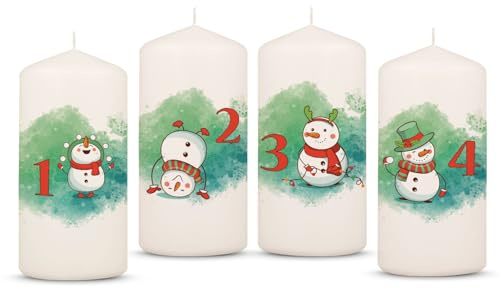 GRAVURZEILE Bedruckte Adventskerzen - Advent Schneemann - Weihnachtskerze für den Adventskranz 4er Set - Dekoration zu Weihnachten - Geschenk für Sie & Ihn - Stumpenkerze 120/58 mm