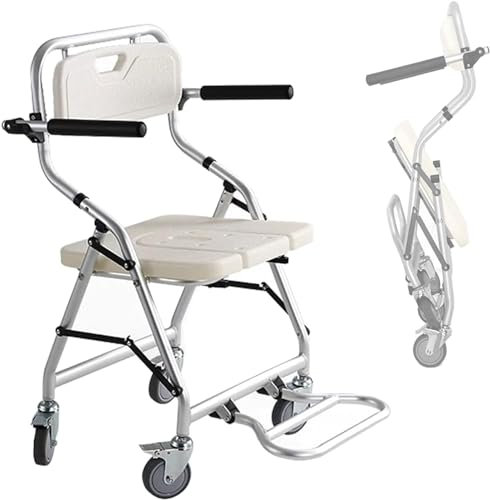 Duschstuhl mit Rollen und Armlehne für Senioren bis 120 kg, wasserdichter Duschhocker aus Aluminiumlegierung, multifunktionaler Sitz