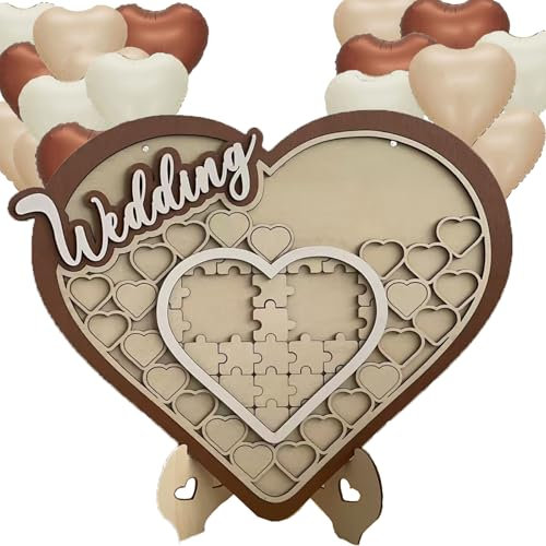 Libro degli Ospiti, Matrimonio Alternativa Nozze Cornice Legno Guestbook- Creativo Fai da Te Album di Messaggi 23 Cuori -12 puzzle -12 Palloncini, battesimo Festa Anniversario ricevimenti e ospiti