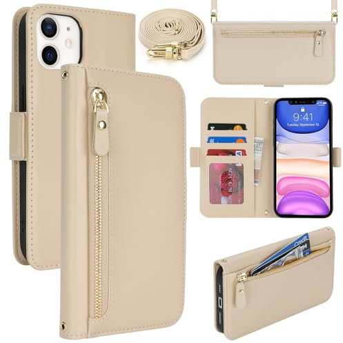 Lipvina Handyhülle für iPhone 11 mit praktischem Band und Kartenfach - stilvolle Klapphülle mit Handykette aus hochwertigem Leder Hülle für iPhone 11 - Beige Weiße