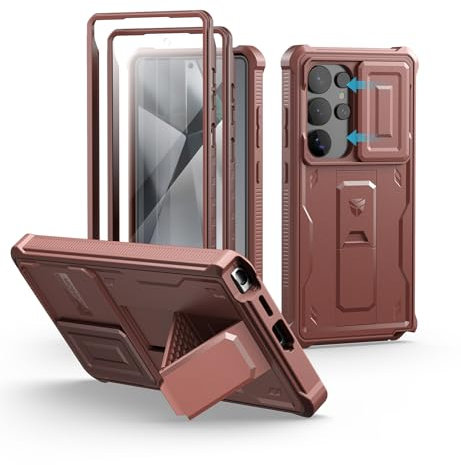 Dexnor pour Coque Samsung Galaxy S25 Ultra【Double Cadre Avant et Support】 avec CaméRa Coulissante Intégrée & Protecteur d'écran, Coque de Protection Robuste Résistante Aux Chocs - Rouge Magique