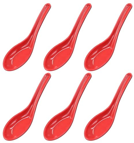 Cjueiom 6 cucharas de arroz, cucharas de sopa chinas para ramen, wonton y fideos, estilo asiático liso, negro y rojo
