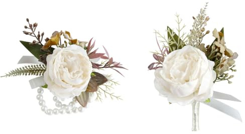 Fouriding Vintage Weiß Hochzeit Handgelenk Corsage Set Künstliche Blumen Boutonniere Set Anzug Dekor für Bräutigam Braut Party Hochzeit Dekor