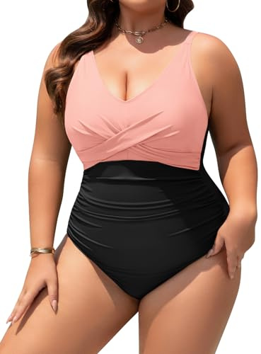 UMIPUBO Baddräkt för kvinnor stor storlek magkontroll push-up V-ringning ett stycke badmode volanger badkläder one piece baddräkt med bygel badkläder, ROSA, 3XL