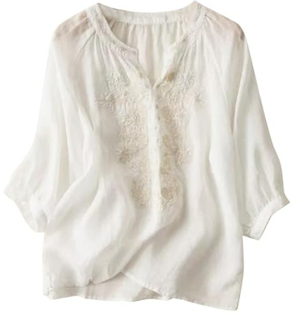 Generisch Folklore Bluse Damen 3/4 Arm Elegante Blusen Rundhals Mit Knopfleiste Locker Stickerei Bluse Blumenmuster Baumwolle Leinenbluse Sommer Top Leicht Traditionelle Alltagsbluse