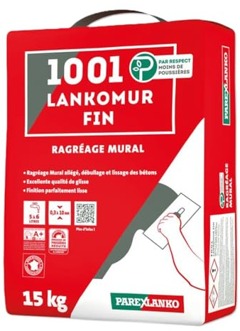 PAREXLANKO - Enduit mural allégé pour béton - 1001 LANKOMUR FIN - Ragréage, surfaçage, débullage murs et plafonds béton - Intérieur et extérieur - Gris - Sac de 15kg